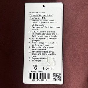 Mens Lululemon Commission Classic Pant 34L BRNE Brown Warpstreme 32X34L